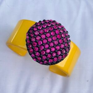 Vintage Bakelite Egg Yolk Yellow w/Pink Rhinestone Cuff Bracelet sz Small